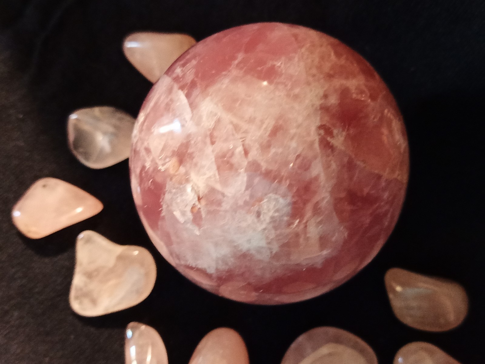 Brazil Rose Quartz Collection, Sphere 62mm, 2 Pillars, 10 Pocket Stones, Gemmy!