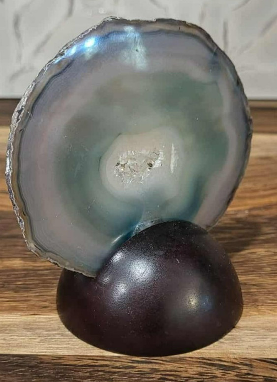 Blue Agate Geode Slice on Wooden Stand Brazil 3.75″ Natural Crystal Decor