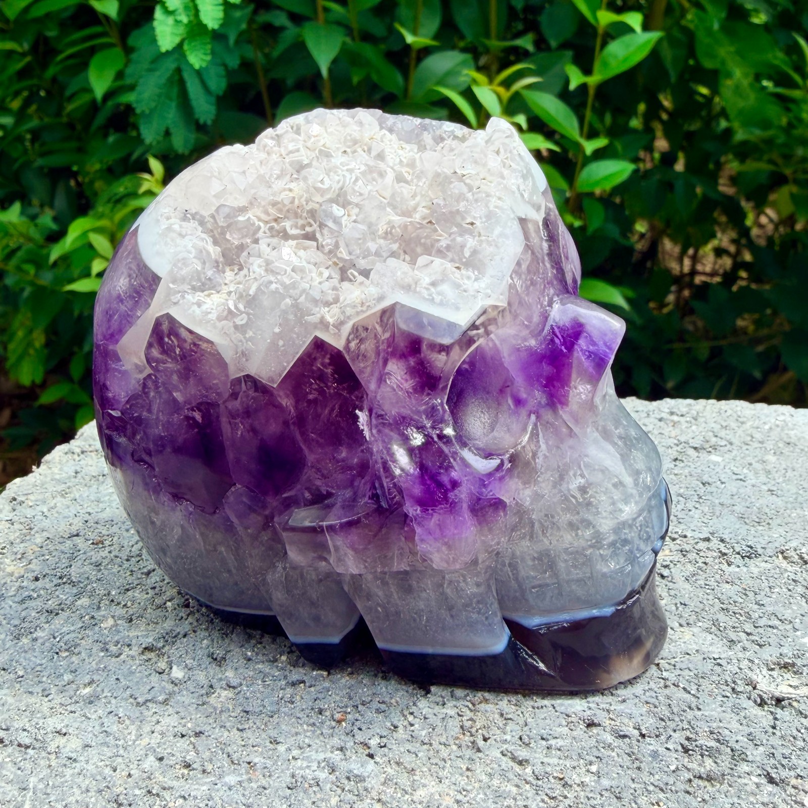 714g Amethyst agate crystal cave skull, Rare hand carved skull specimen