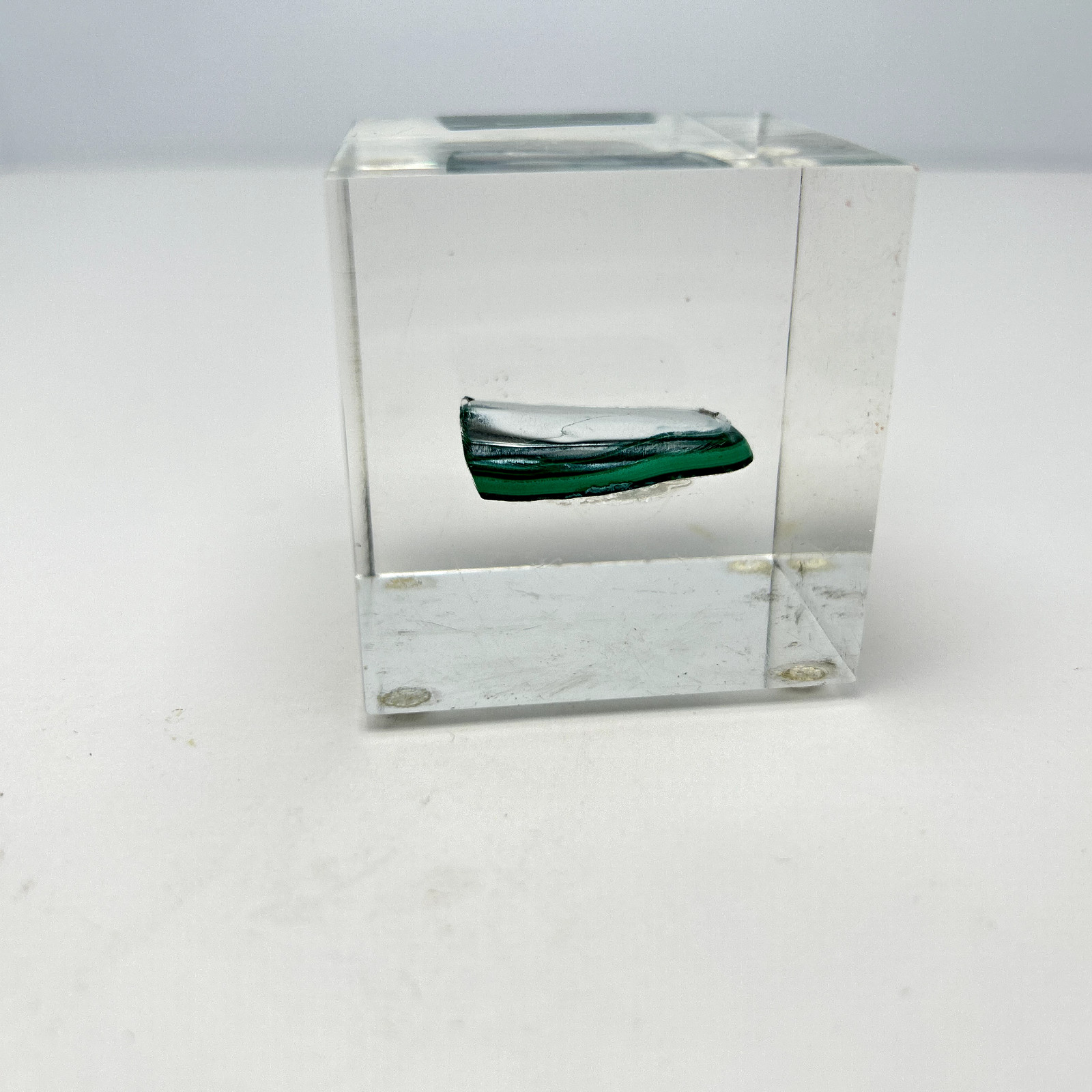 Polished Malachite Acrylic Lucite Paperweight Cube 2″