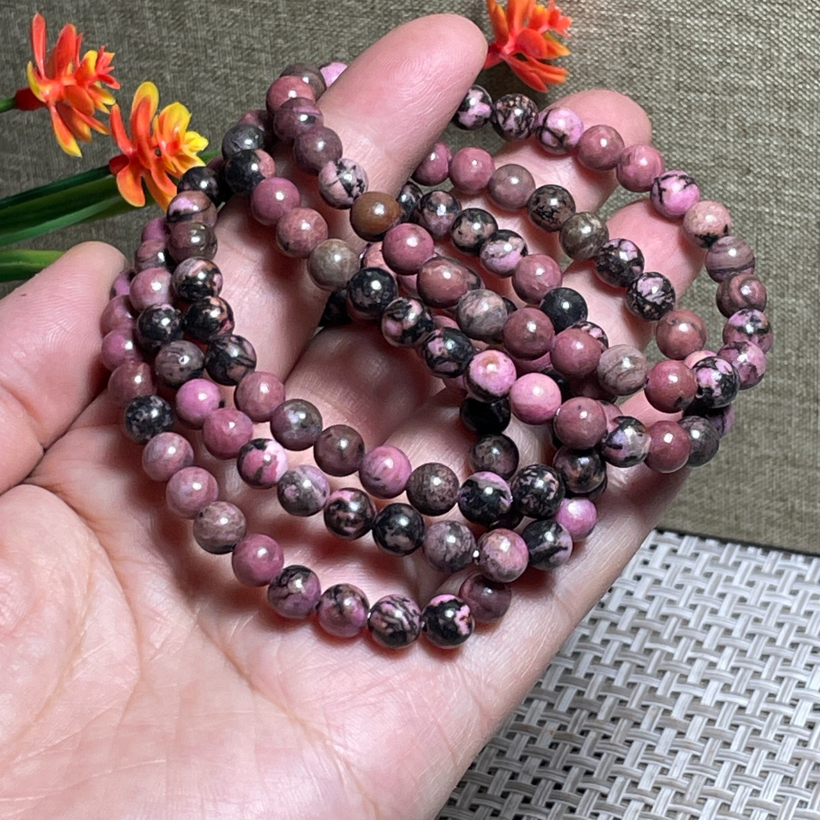 Wholesale 1Pcs 6mm Rhodonite jasper stone ball beads 6mm 7.5”crystal Stretch Bra