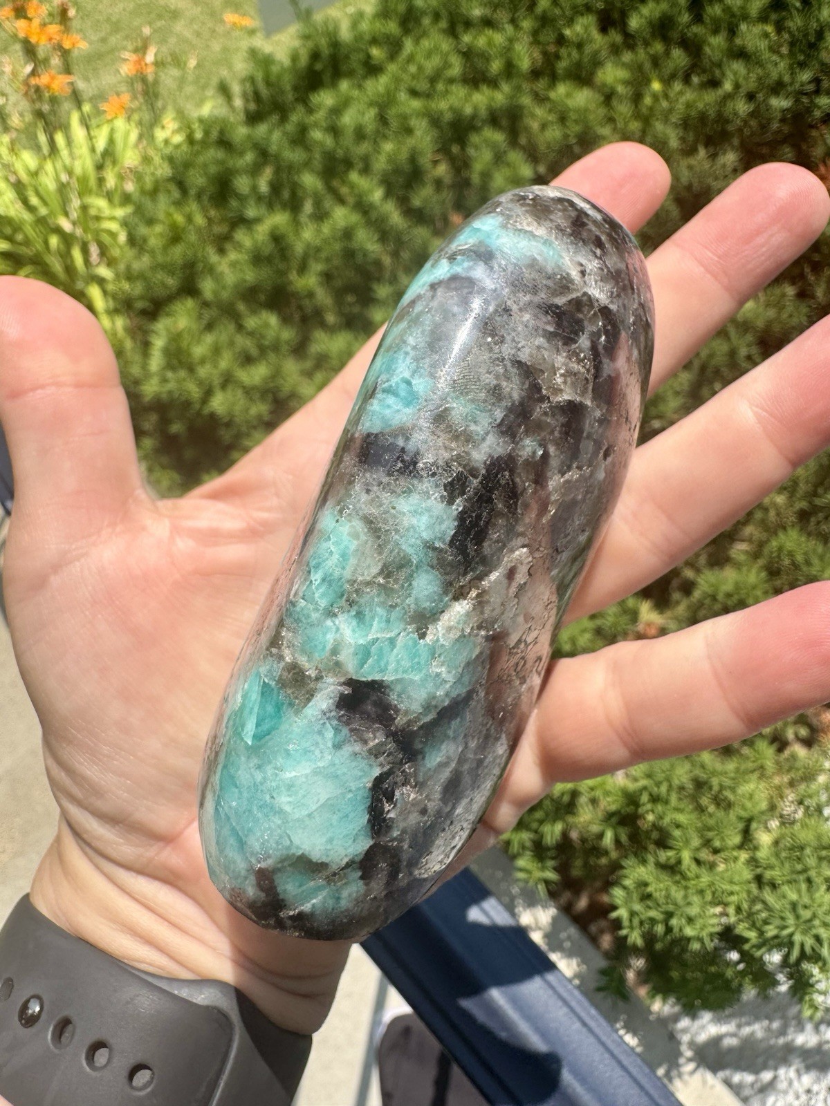 Vibrant Polished amazonite With Smoky Quartz Freeform.