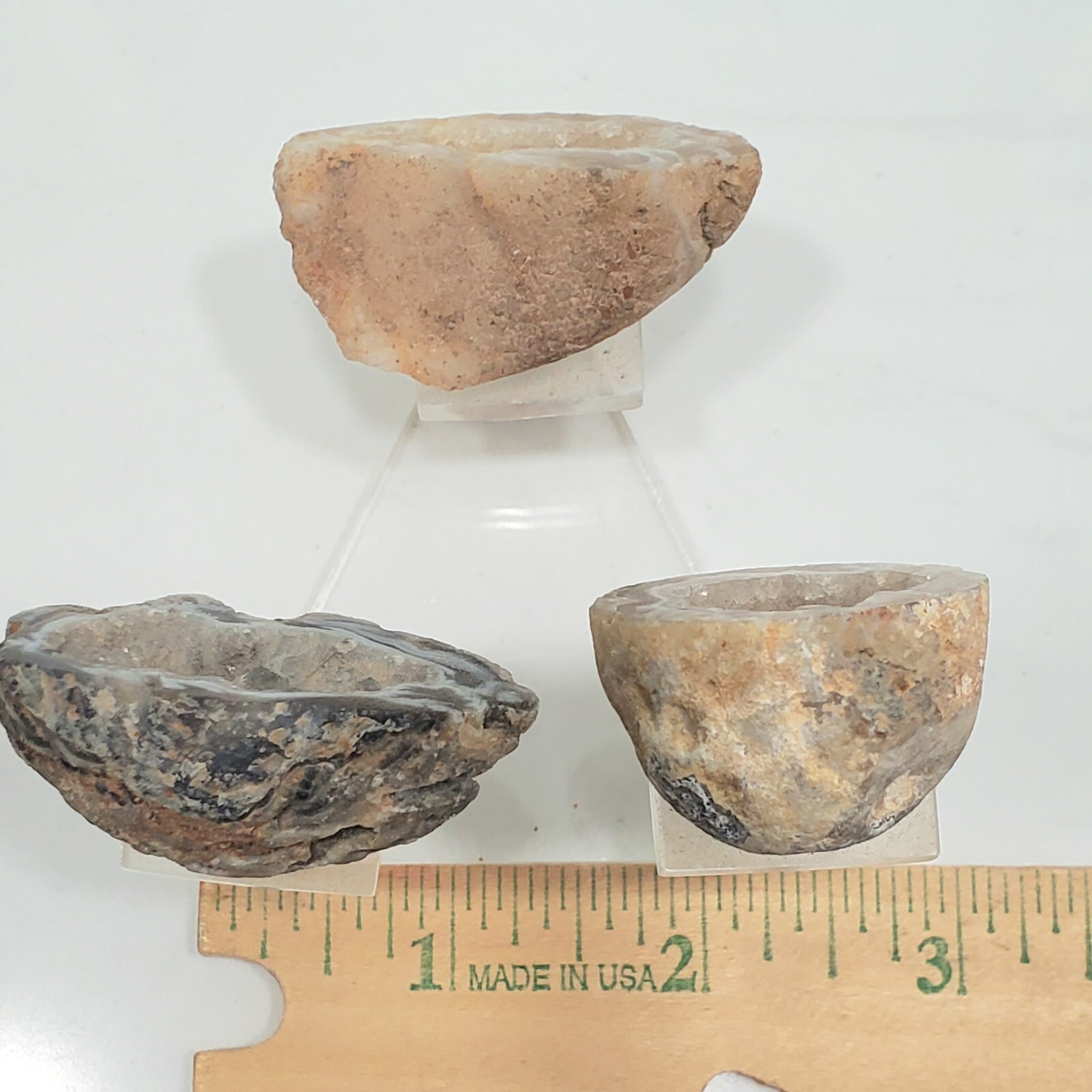 Set of 3 Natural Agate Geodes Displayed & set on a Triangular Lucite Stand