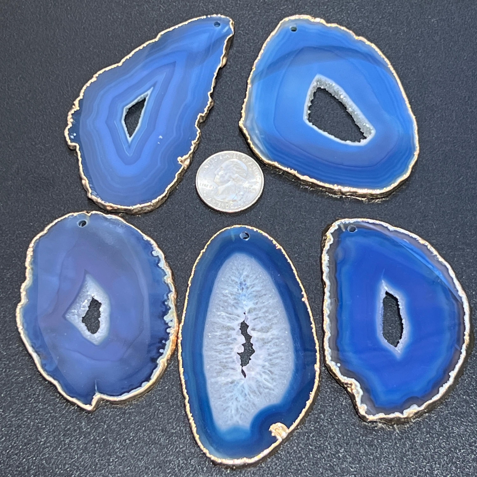 Drilled Blue Agate Slices (2mm Hole)(Gold Plated Edges) Gemstone Decor Craft