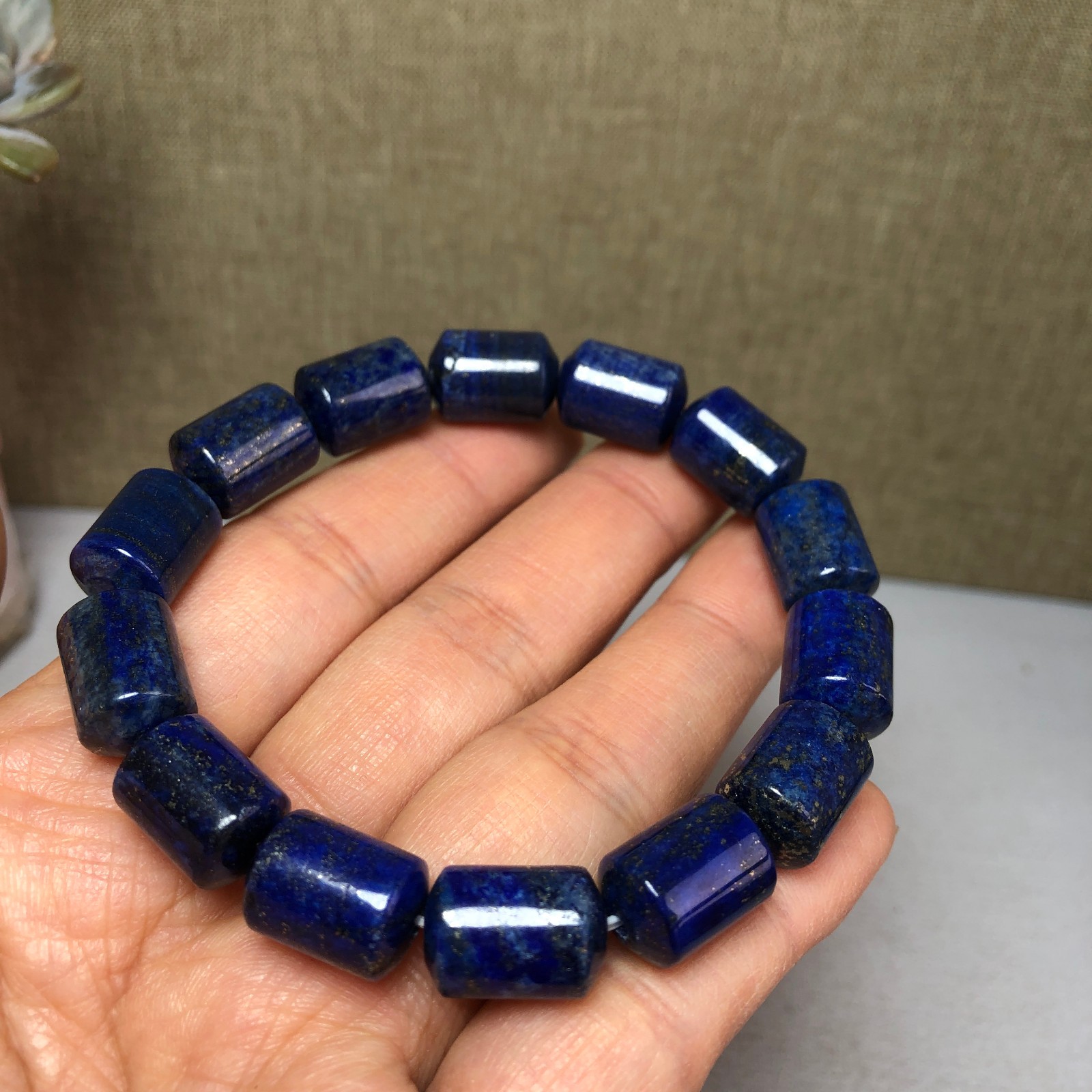 Natural lapis lazuli Bracelet Brown Gemstone Stretch Bucket bead Handmade A3703