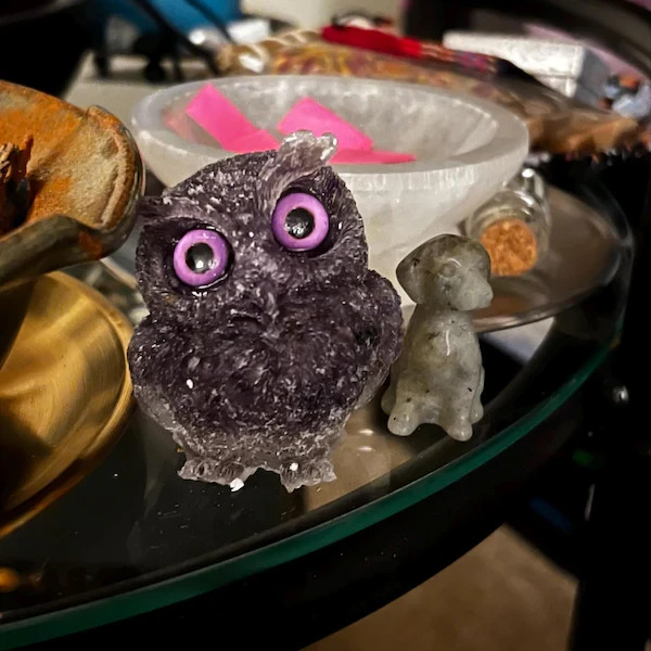 Amethyst Crystal Owl Figurine Natural Gemstone Bird Statue Home Office Decor