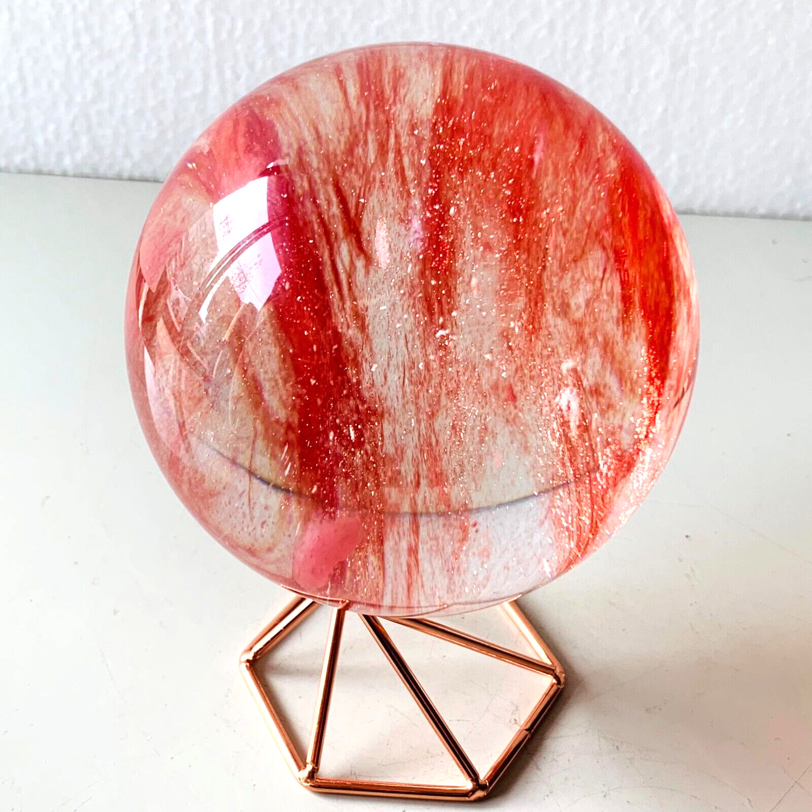 1.5LB Red Smelting Stone Quartz Sphere Crystal Energy Ball Reiki Gem+stand A22
