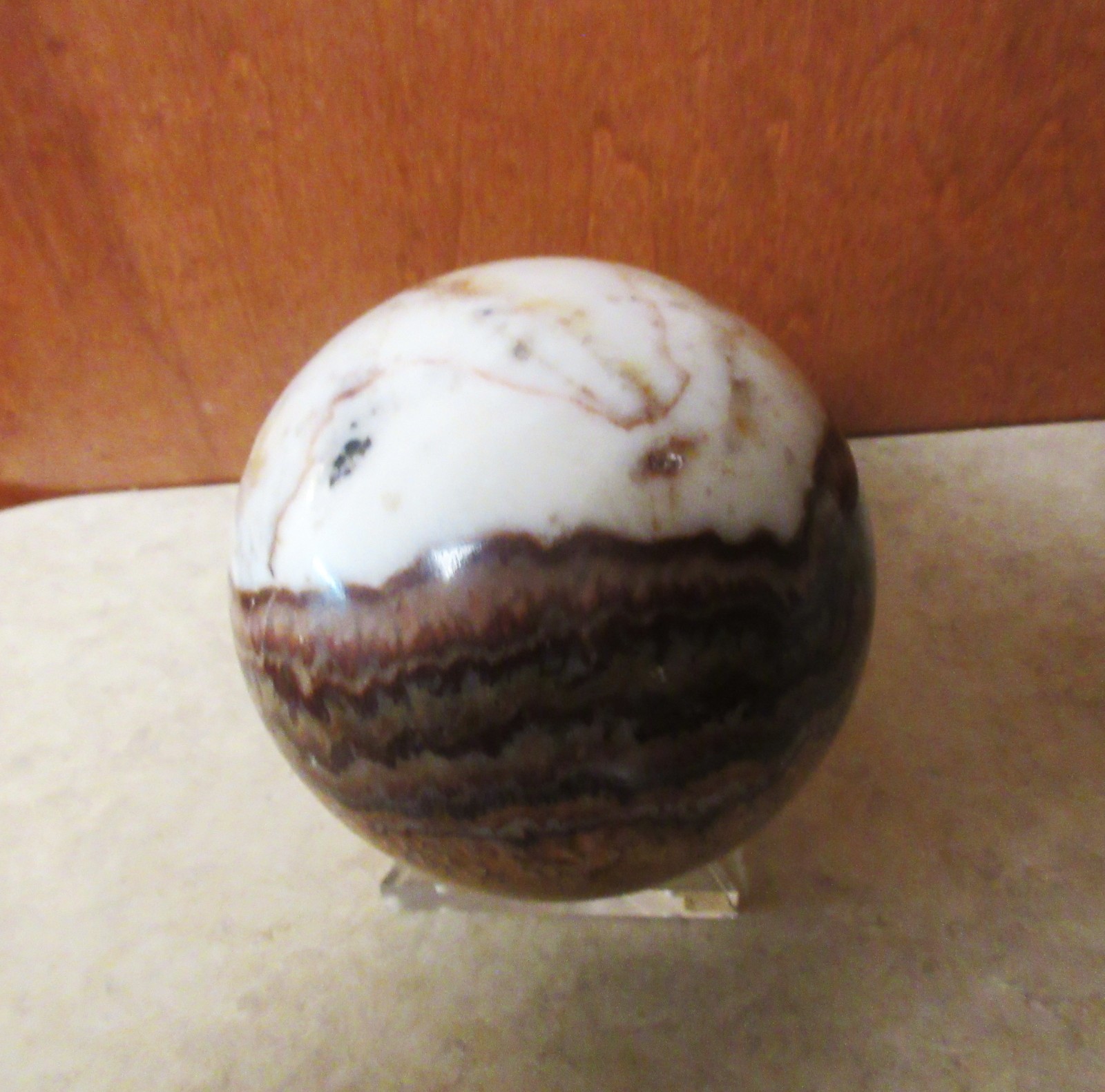 Large Banded Marble Polished Stone Sphere Browns and Whites 5” Diameter + Stand