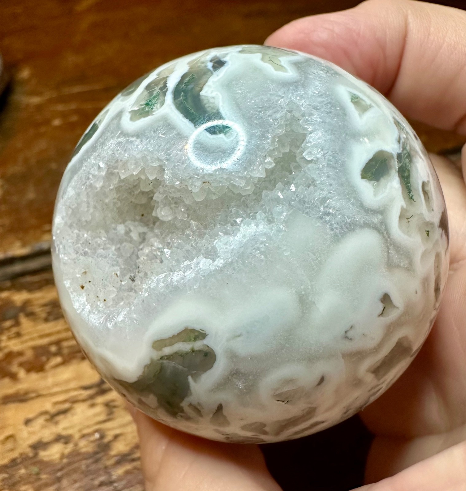 Light green moss agate crystal sphere with druzy metal stand Free shipping