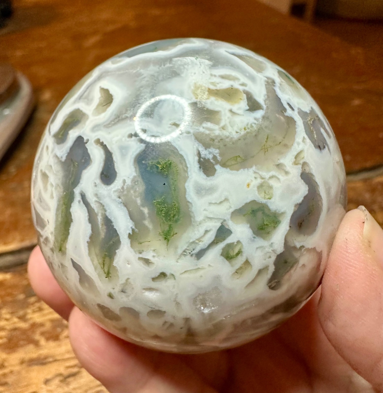 Light green moss agate crystal sphere with druzy metal stand Free shipping