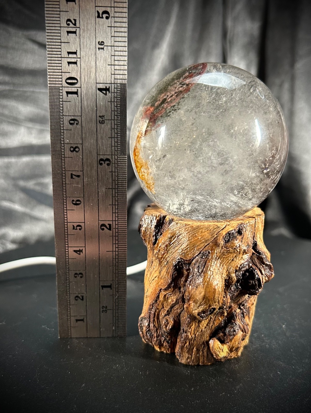 2.34 inch Garden Quartz Sphere With Custom Lighted Natural Wood Stand