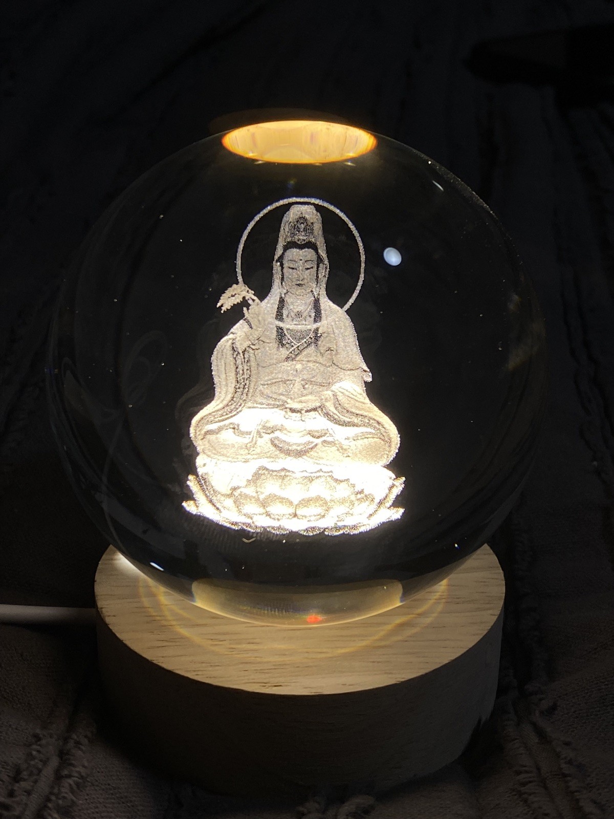Kwan Yin Guanyin Crystal Ball Glass Sphere Laser Engraved With LED Light stand