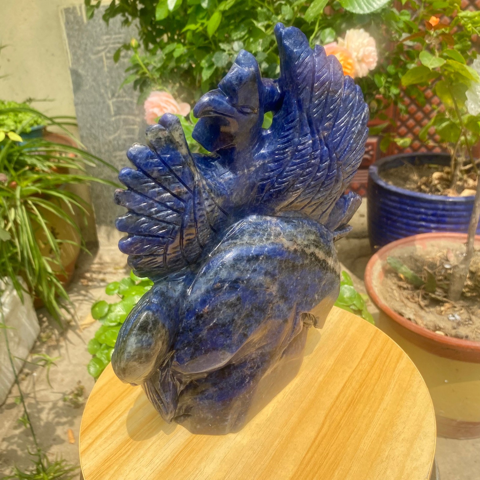 7.71LB Natural Blue Vein Stone Phoenix Carving, Home Decoration