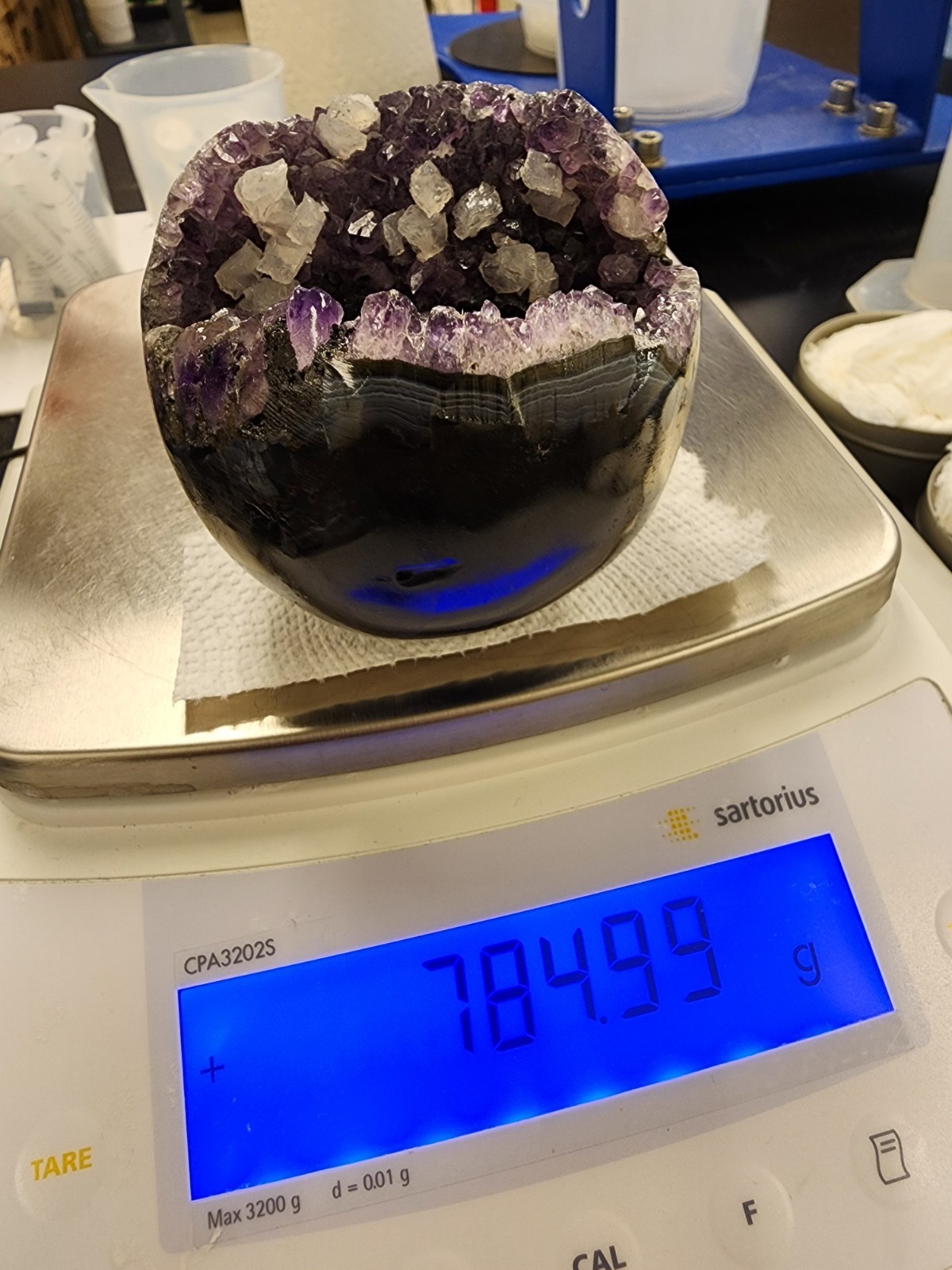 Lg 785g Amethyst Geode Sphere Natural Agate Band White Calcite Crystal Display