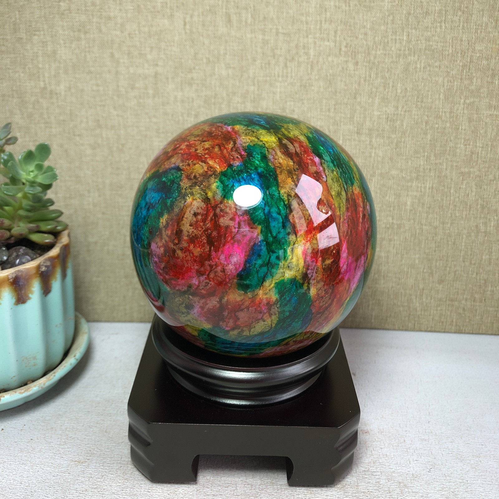 Natural “Seven Colors Jade” sphere flat bottom specimen Taiwan China 99mm A4577