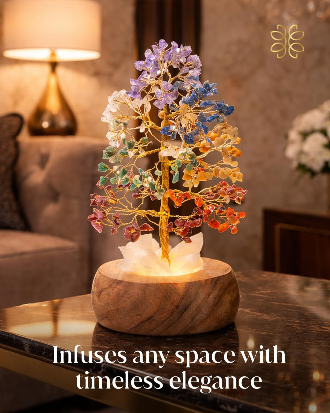 7 Chakra Crystal Tree of Life with LED Light, Handcrafted Gemstone Bonsai with Q