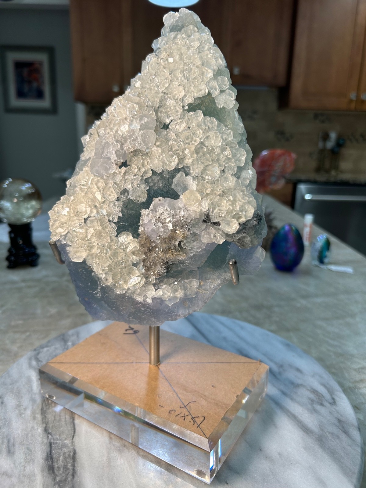 Blue, Green Fluorite Calcite specimen Freeform on acrylic stand UV reactive
