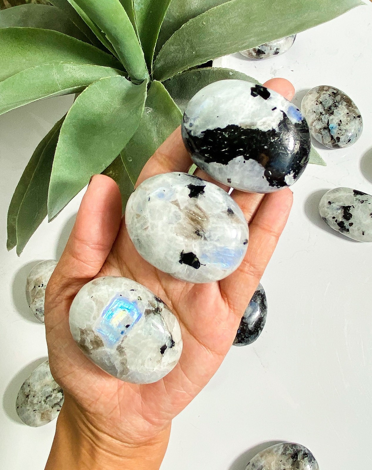 Natural Rainbow Moonstone Palm Stone Polished Gemstone Free US Shipping