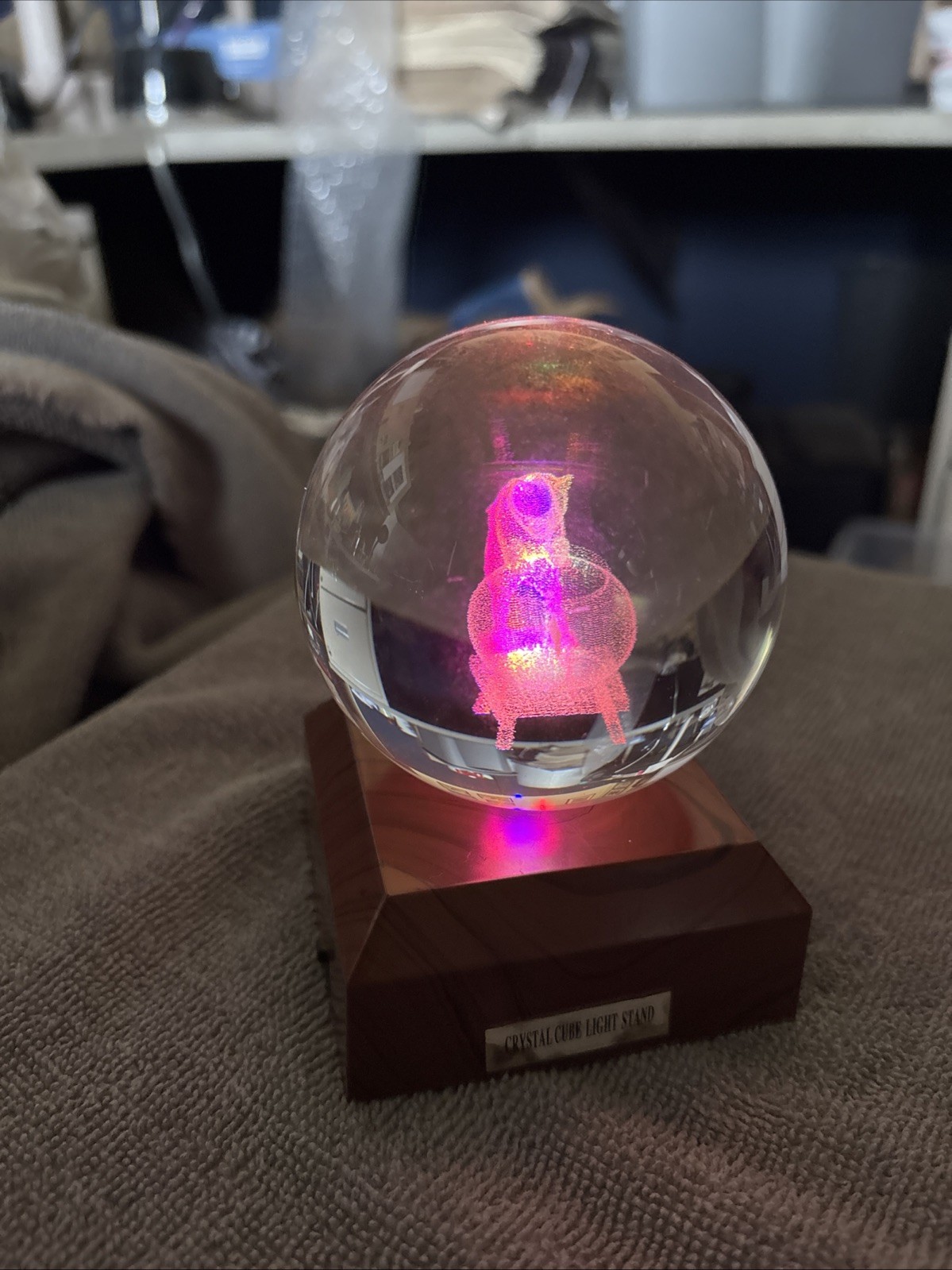 Crystal 3D Etched Cat Glass Orb With Light Stand