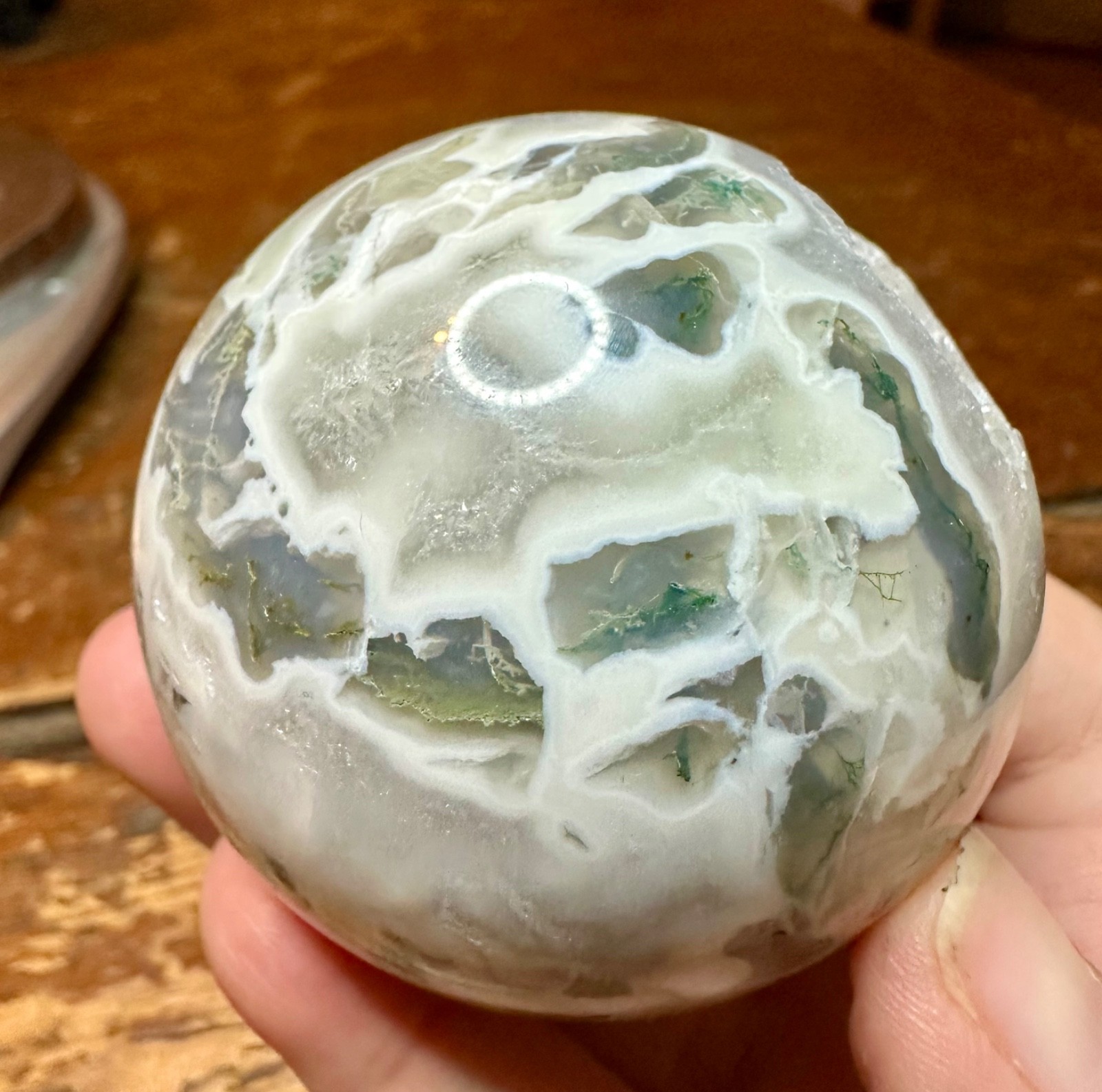 Light green moss agate crystal sphere with druzy metal stand Free shipping