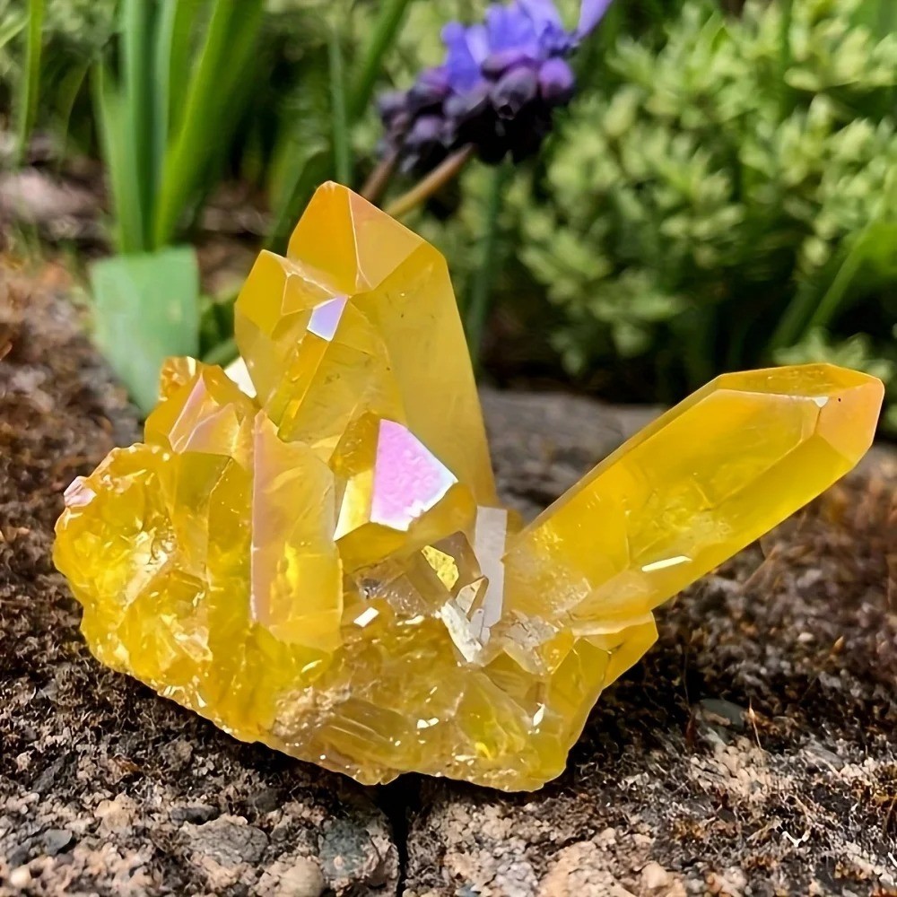 Natural Aura Yellow Citrine Crystal Titanium Cluster Healing Mineral Specimen US