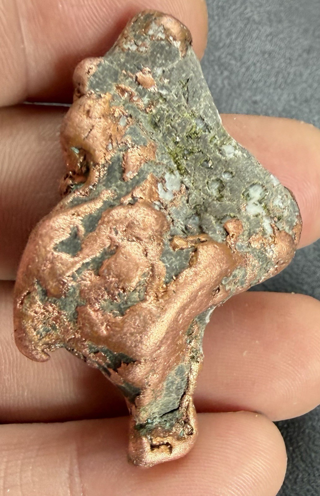 1.3oz Solid Copper Nugget w Natural Quartz, Epidote & Basalt – Keweenaw, Mich