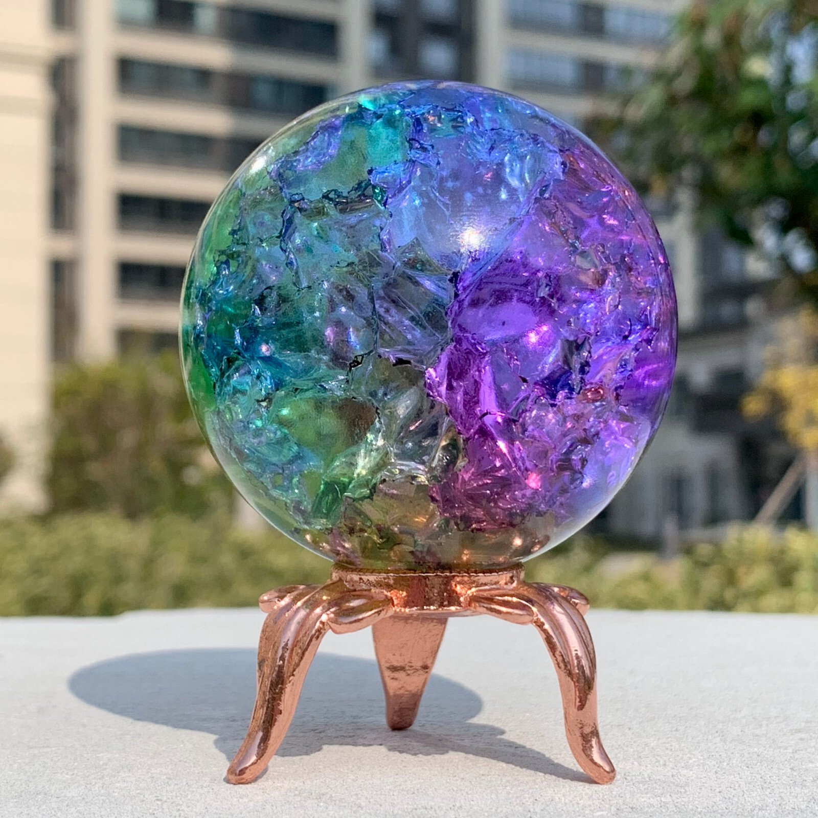 279G Natural Titanium Rainbow Quartz sphere Crystal ball Healing+stand