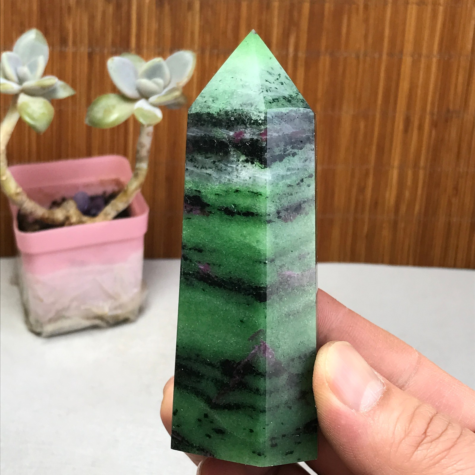 101-35-28mm Natural epidote wand Obelisk Crystal Quartz specimens 210g A3467