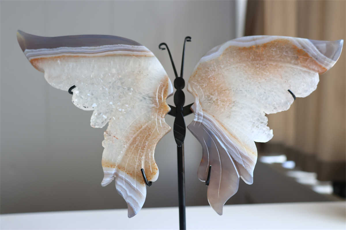 730g Natural Geode Agate Carved Butterfly Wing Reiki Crystal Decor Gift + Stand