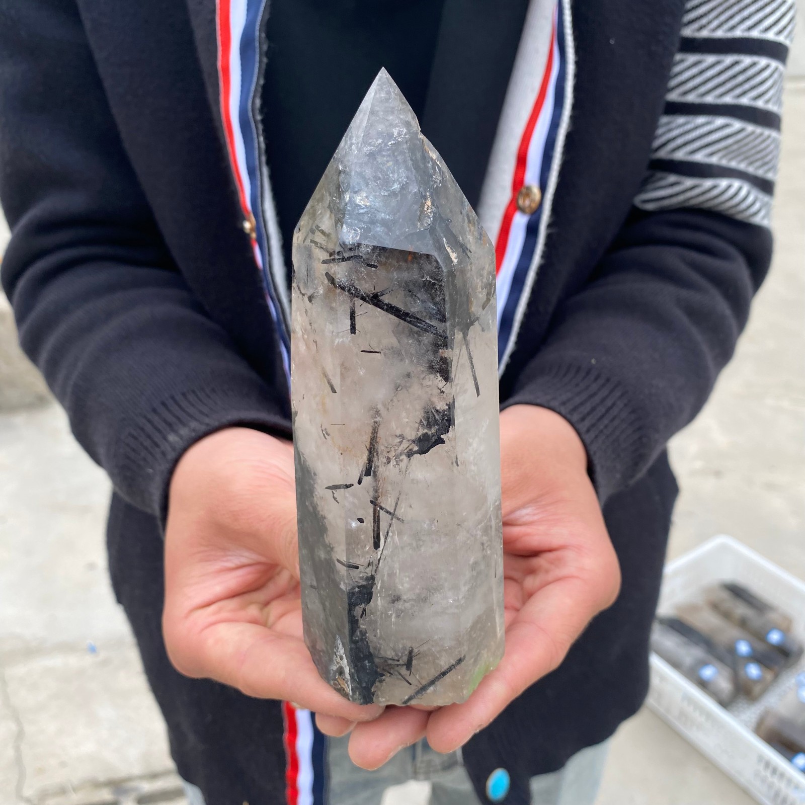 1.32LB Natural Black Tourmaline Rutilated Quartz Tower Crystal Point Healing