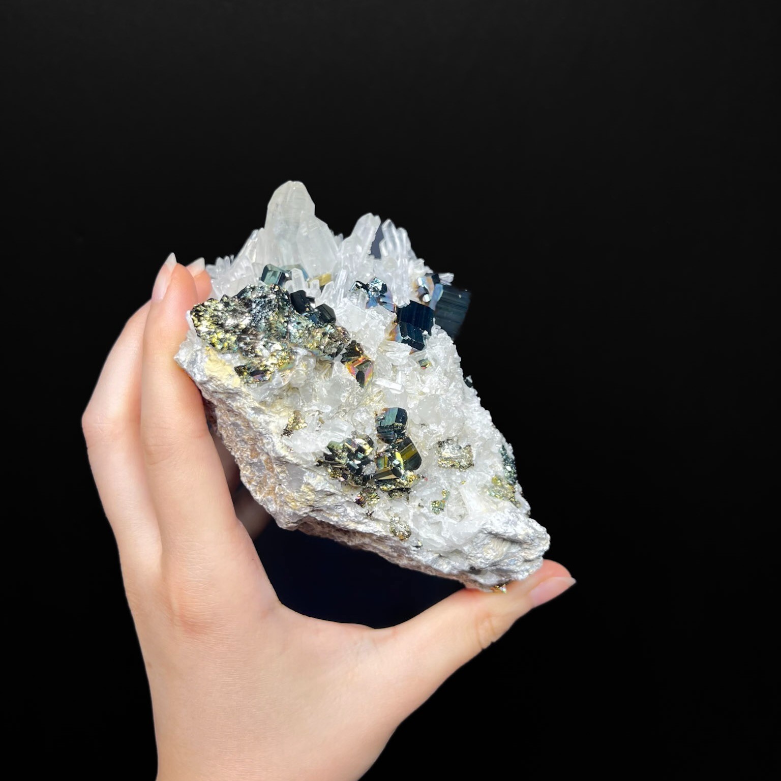Iridescent Rainbow Pyrite Cube with Quartz Crystals from Indonesia