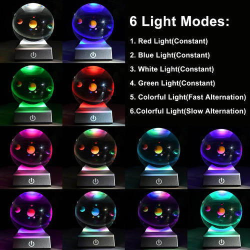 QIANCHANG 3D Solar System Crystal Ball with LED 3.15″, Multicolor_Round base