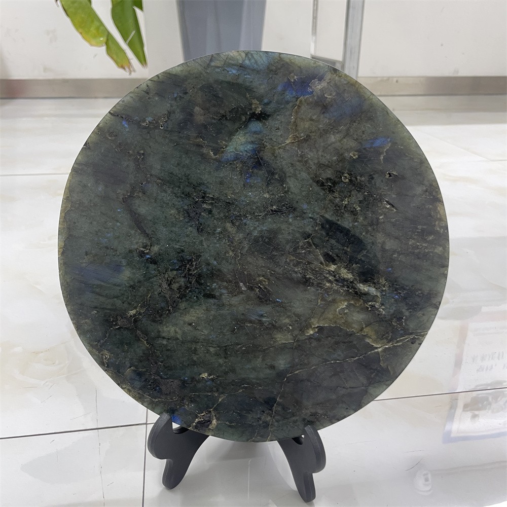 8.4LB Natural Labradorite Circle Slice Reiki Mineral Adorn Healing+stand