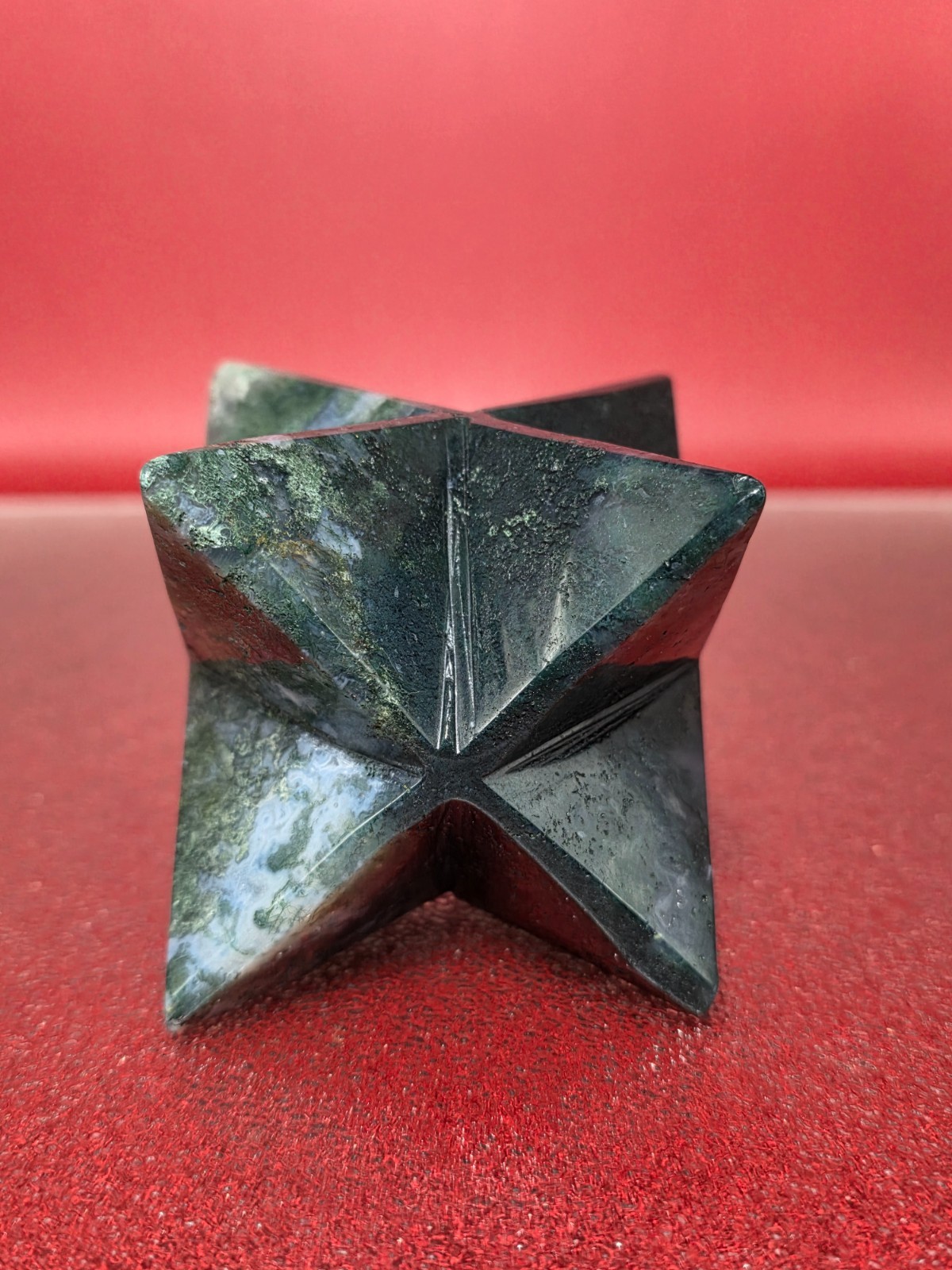 360g Moss Agate 8 Point Merkaba Star Carving Crystal Sacred Geometry Healing