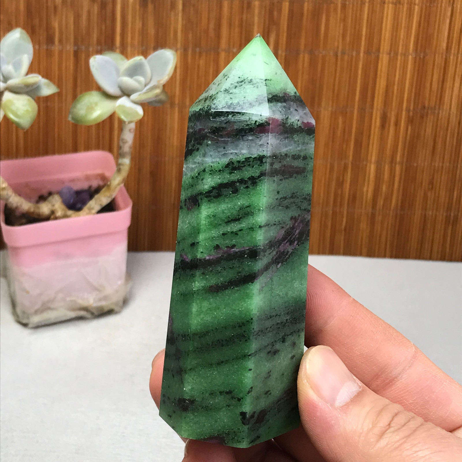 101-35-28mm Natural epidote wand Obelisk Crystal Quartz specimens 210g A3467