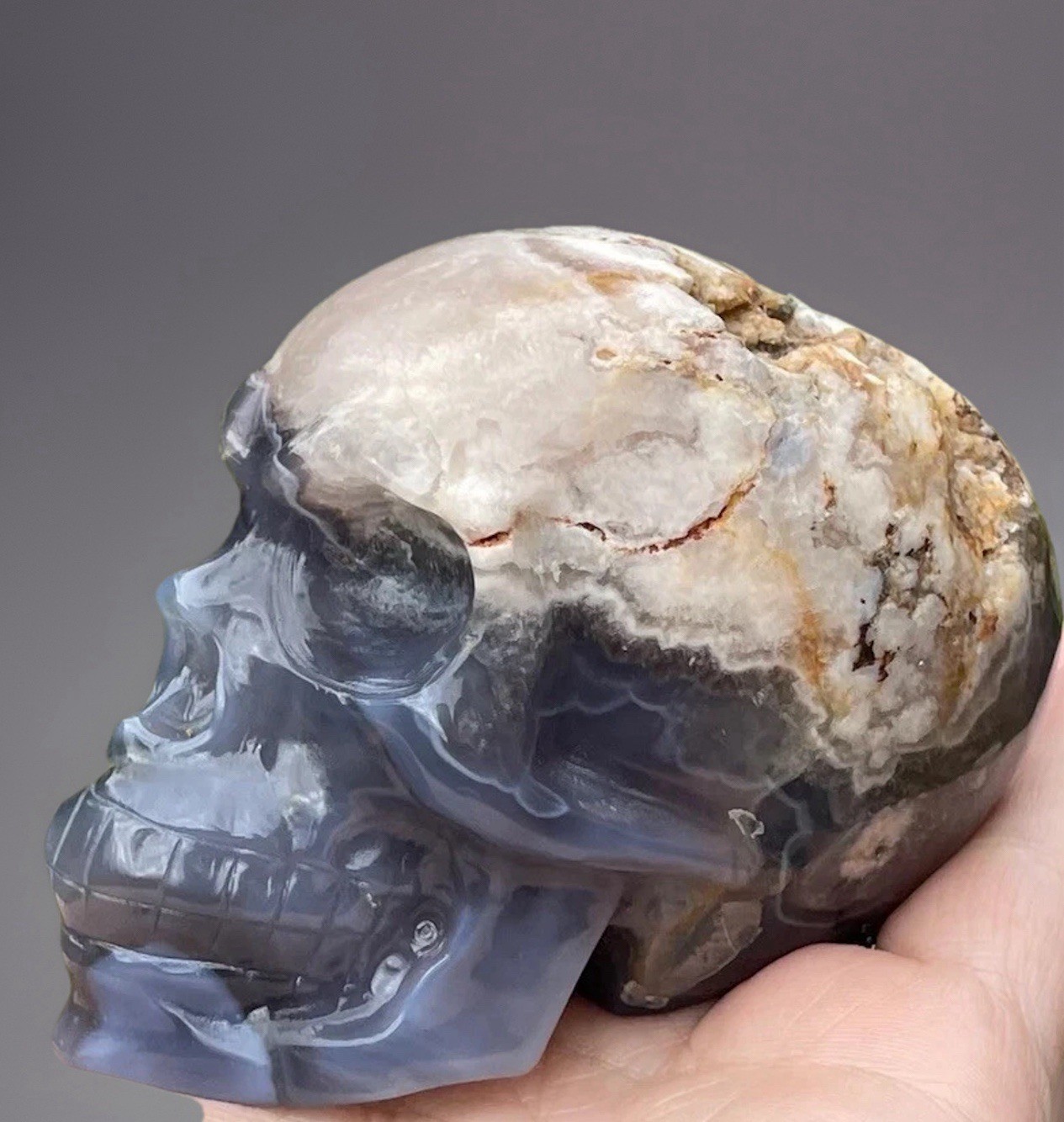Natural Black Flower Agate W/Pink Amethyst Large Crystal Skull Gothic Home Decor