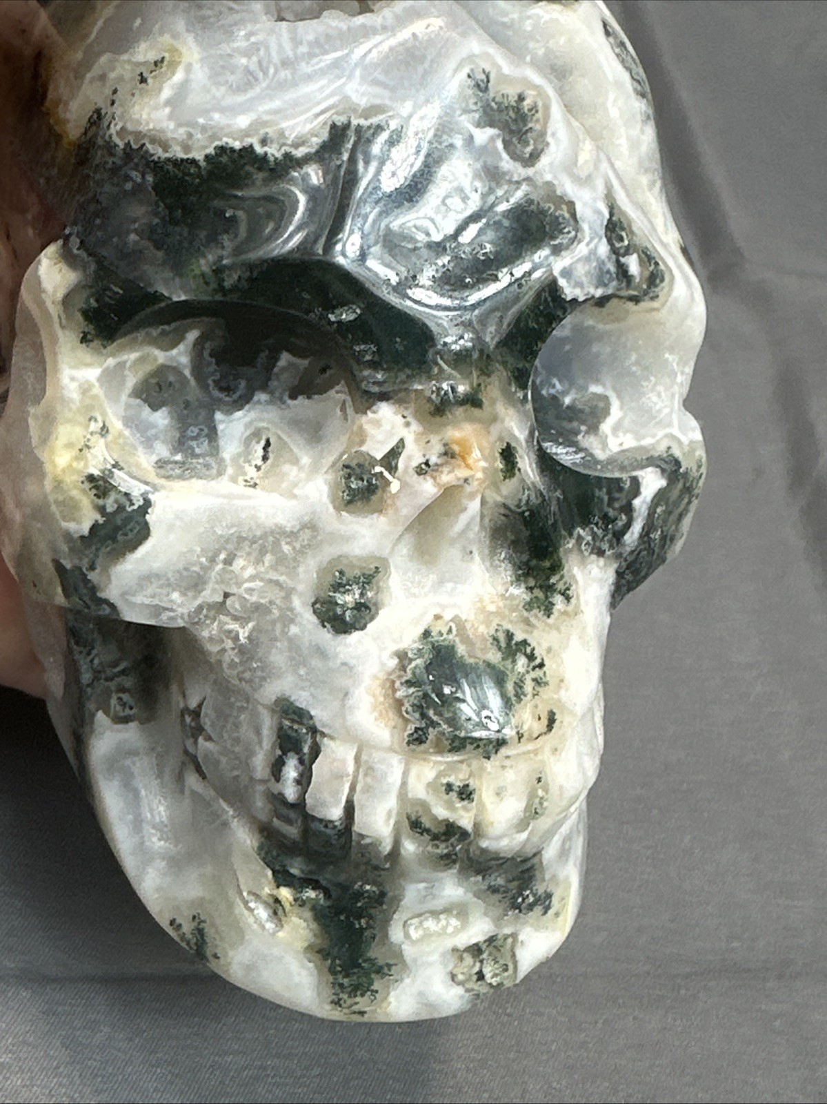 Green Moss Agate Geode Crystal Skull 4.5” Carving With Natural Druzy Pocket 1.15