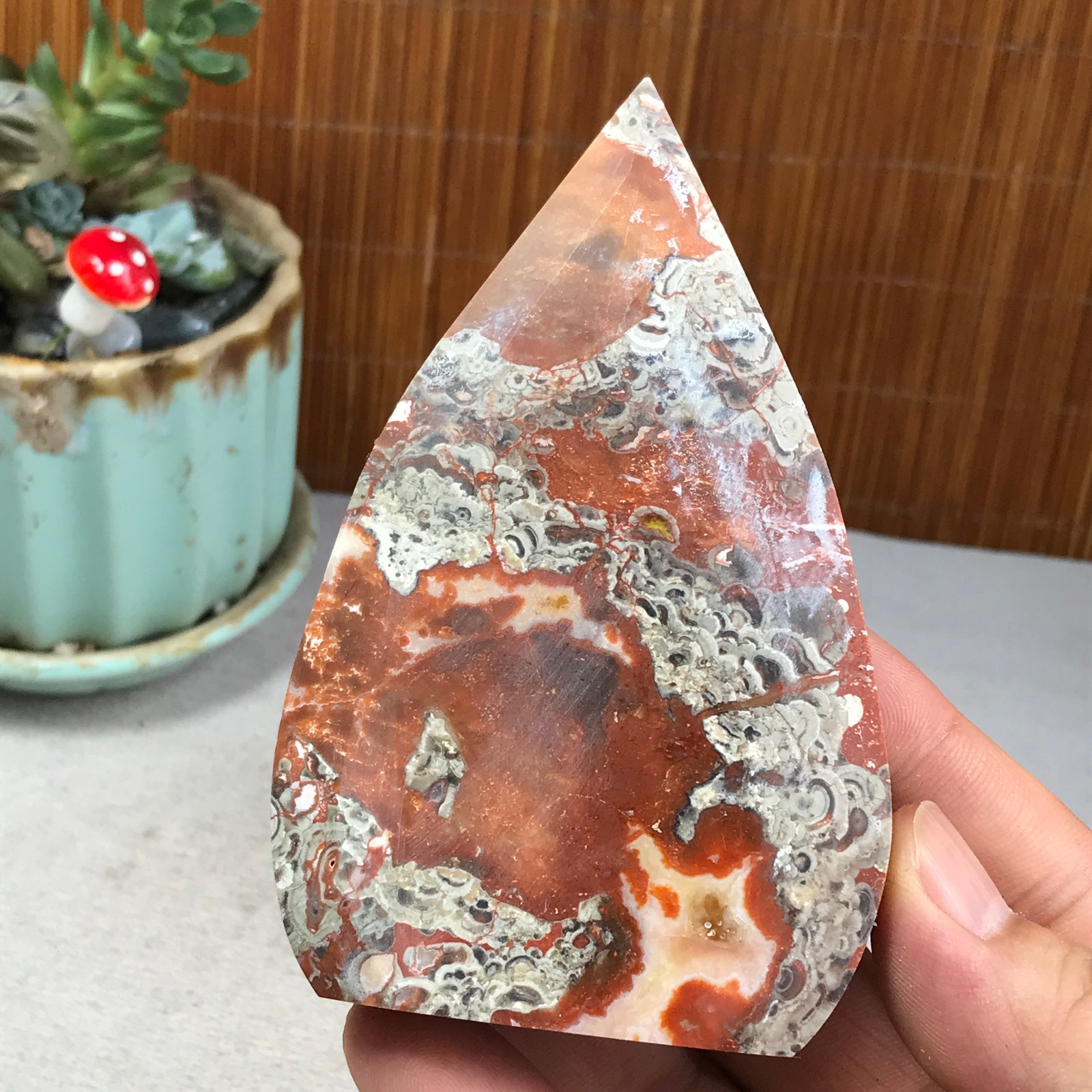 Natural money Mexico agate hand carve leaf Crystal Specimen free standing A6270