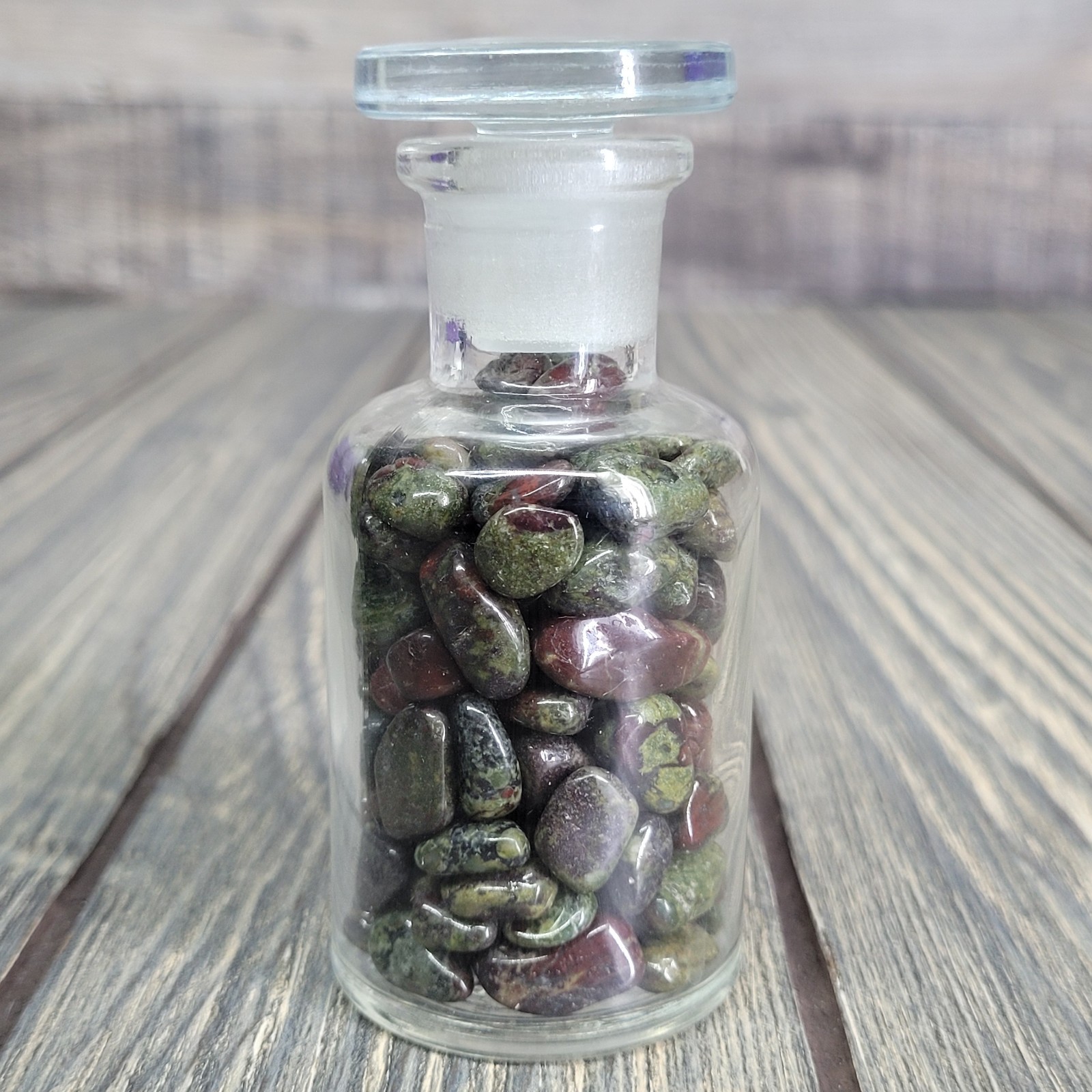 Dragon Blood Jasper 1/4lb Stone Tumbles in Vintage Apothecary Glass Jar AA Grade