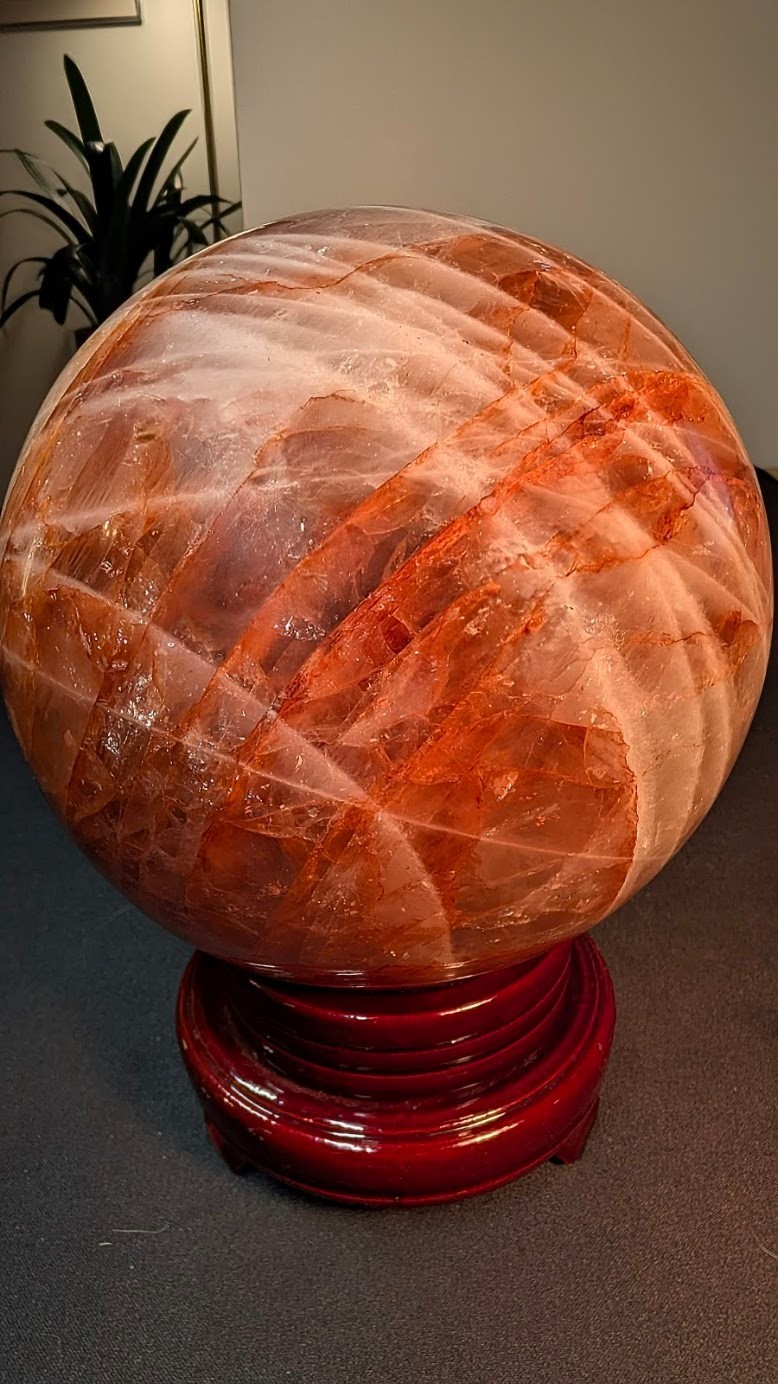 AAA Brazilian Fire Quartz Sphere, Abundant Rainbows + Flash; 158mm 11.7 lb