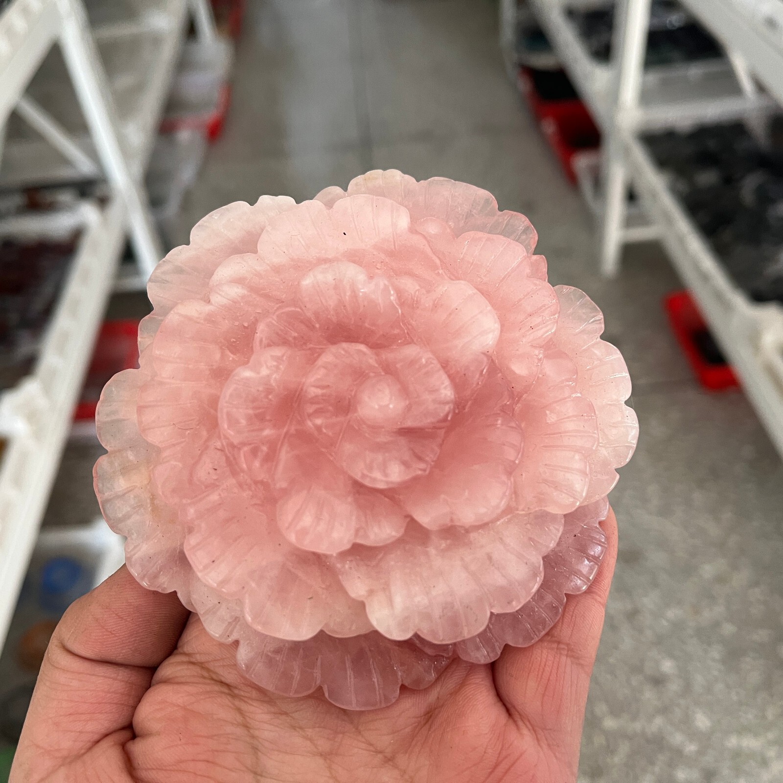 1PC Natural Pink rose Quartz Carved Peony Flower Skull Crystal Reiki gift