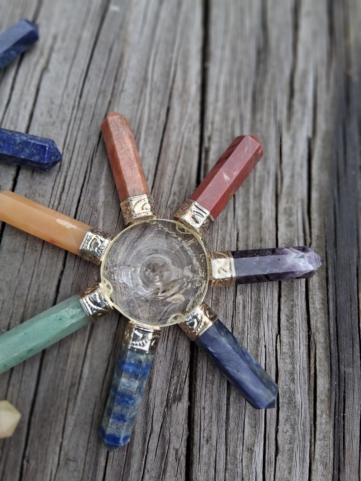 7 Chakra Stones w. Energy Focusing Center Crystal Cone Silver Band Set Of 3