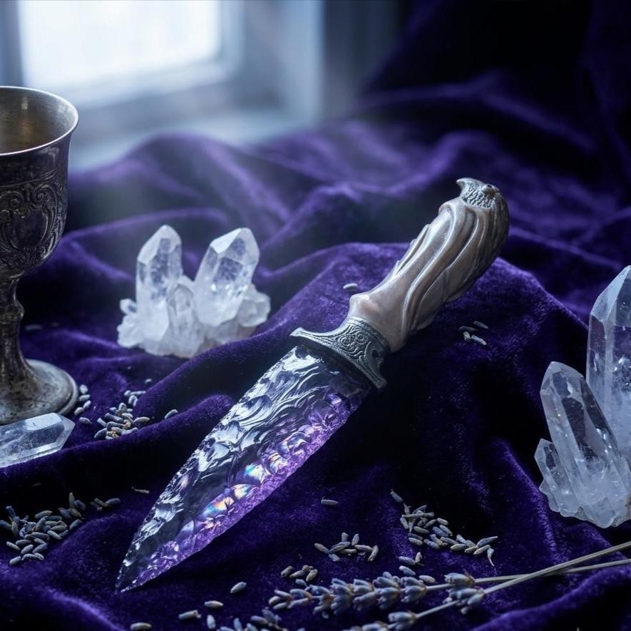 10″ Amethyst Glass Crystal Knife Handcrafted Ritual Athame Ornate Eagle Handle
