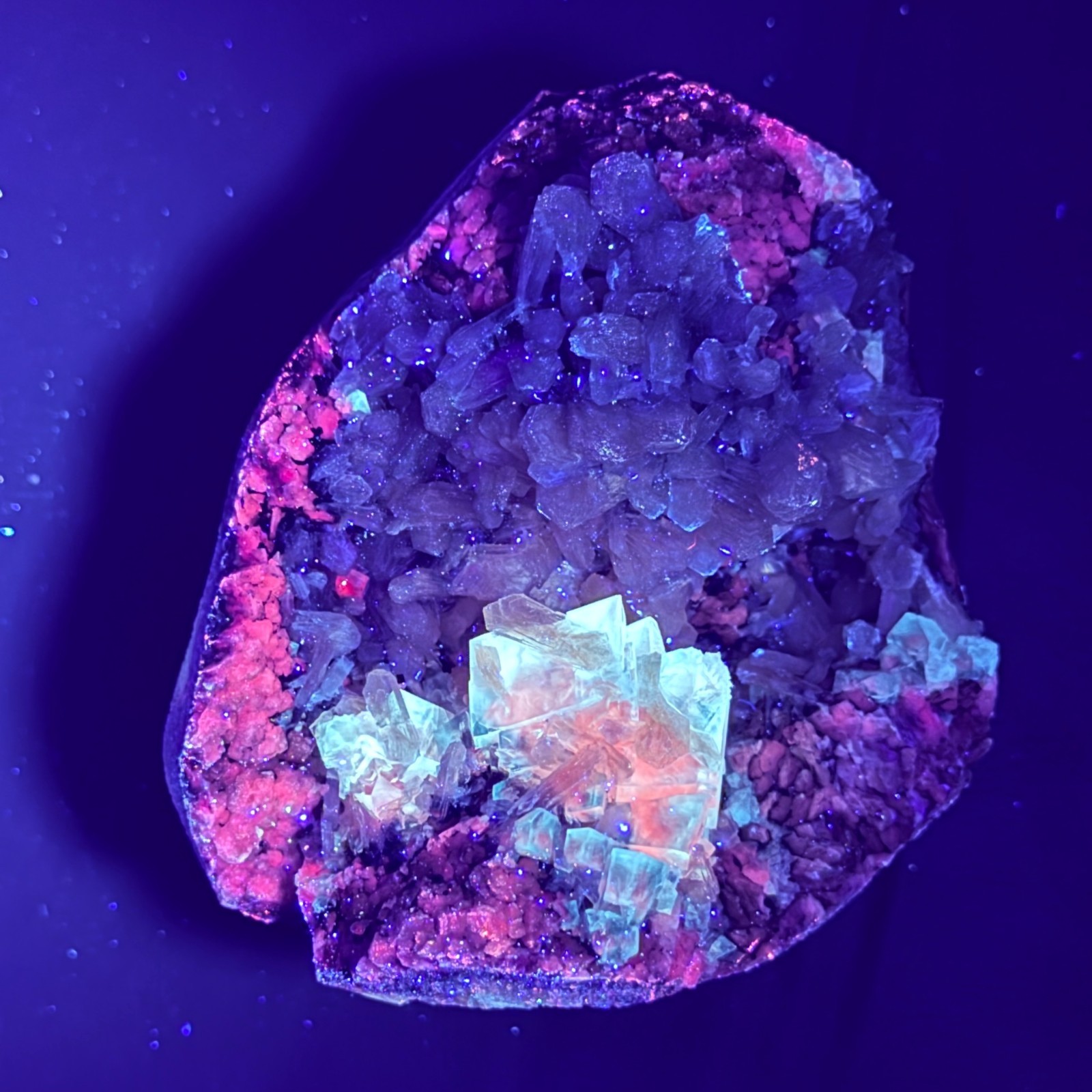 Rare Calcite Stellerite Julgodite Geode India Dual Wave UV Fluorescent Stand