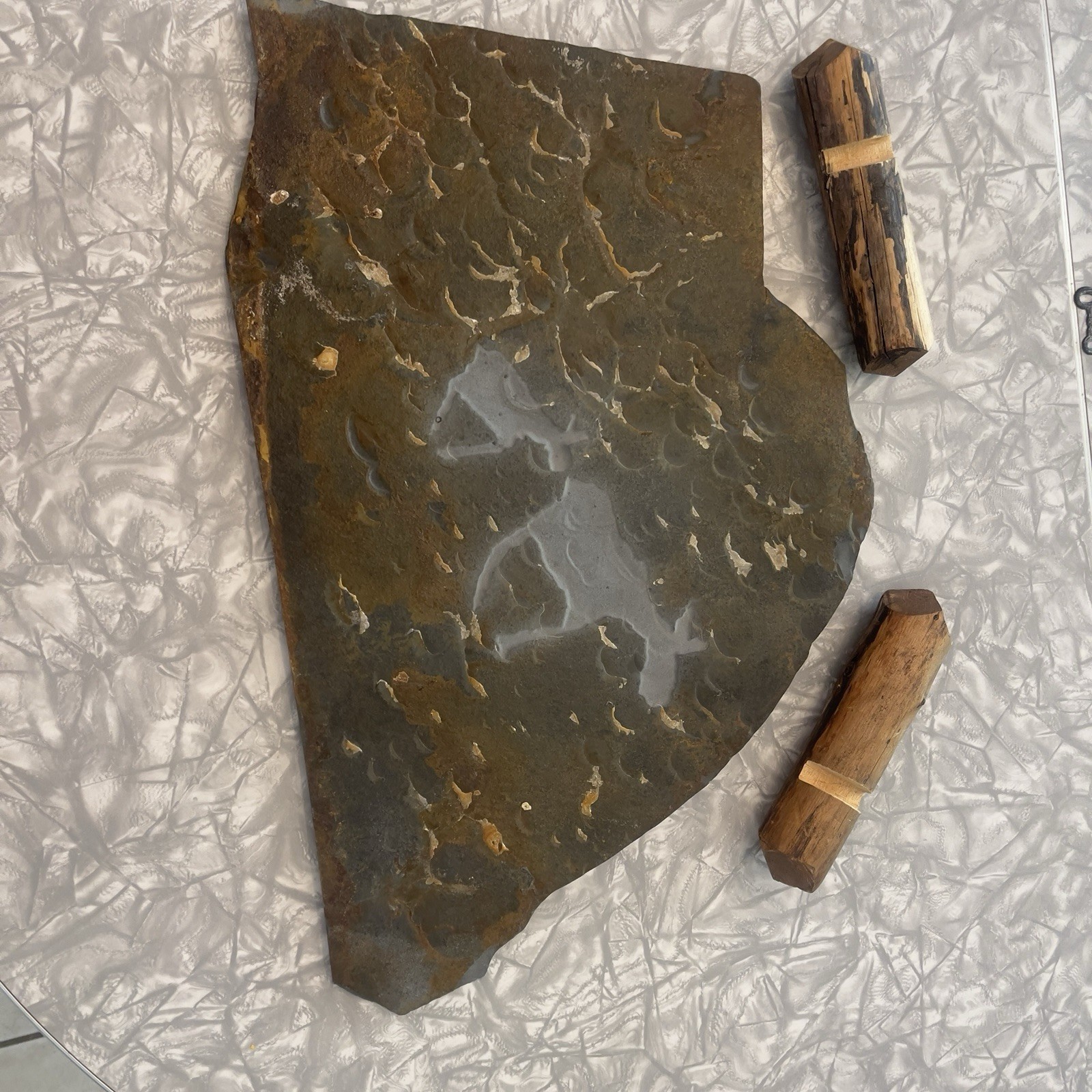 Petroglyph Animals Mineral Slab Specimen Display Wood Stands Wire Hanger