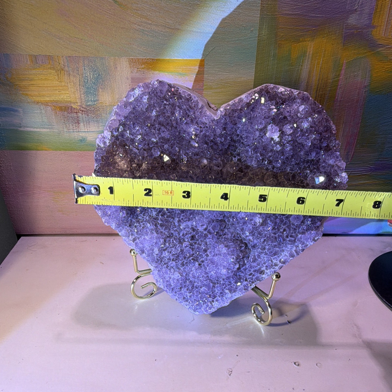 Heart-Shaped Purple Crystal Cluster Mineral Display Specimen on Metal Stand 8 in