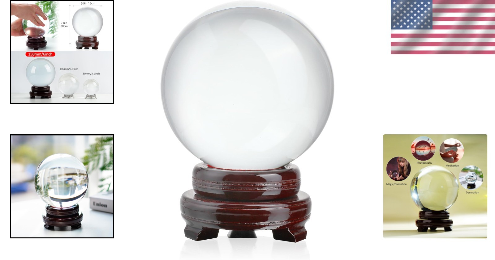 6″ Clear Crystal Ball w/ Polished Wooden Stand – Fortune Telling