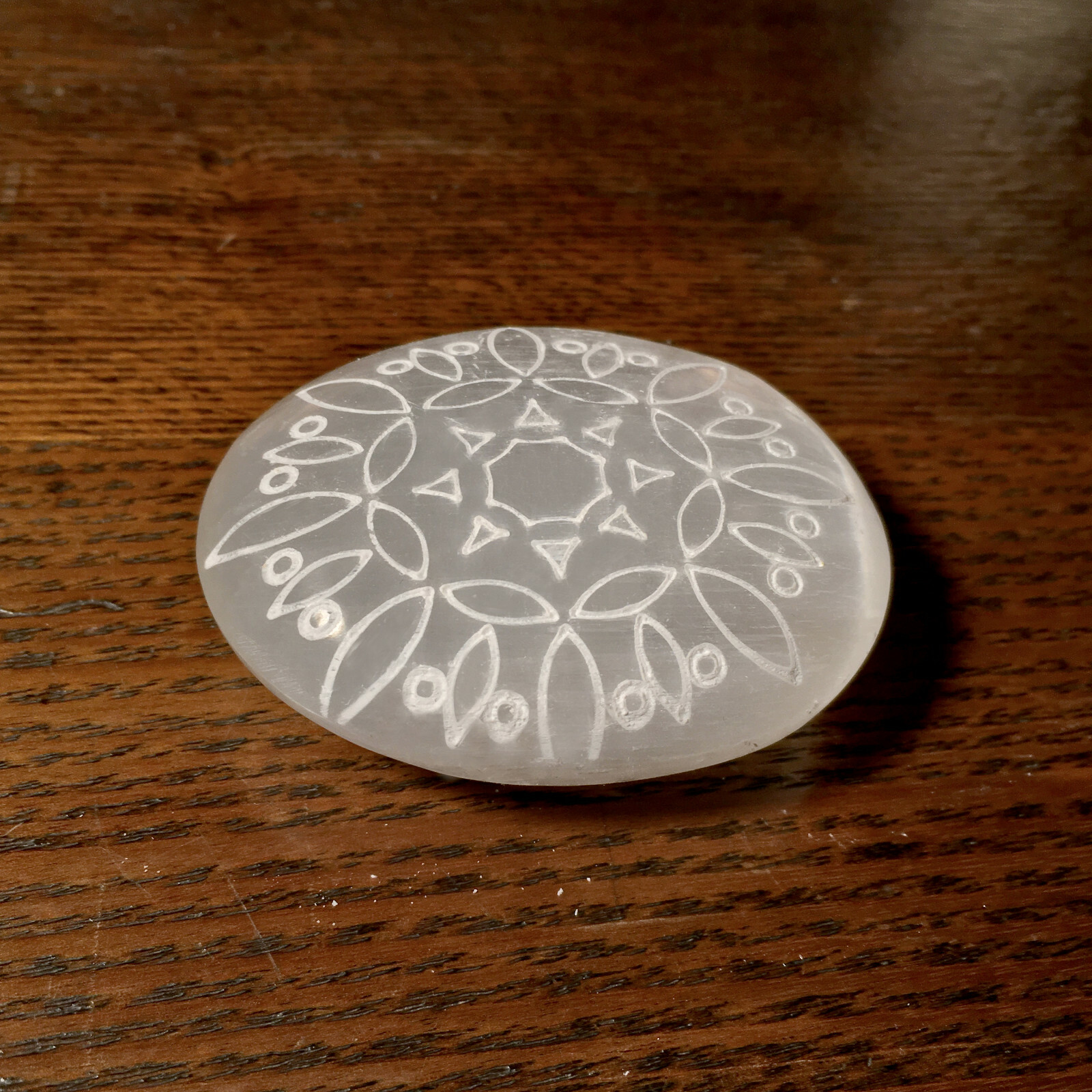 Natural Selenite Palm Stone Sacred Geometry Crystal Healing Polished Worry Stone