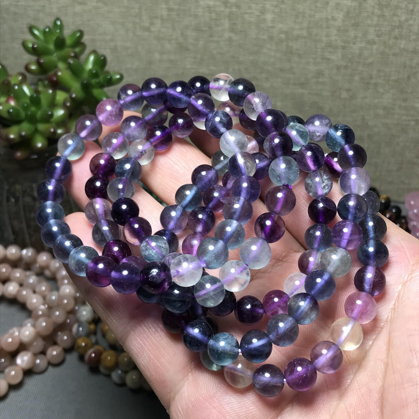 5Pcs Wholesal Natural Polish Rainbow color Fluorite crystal bracelets ball 8mm