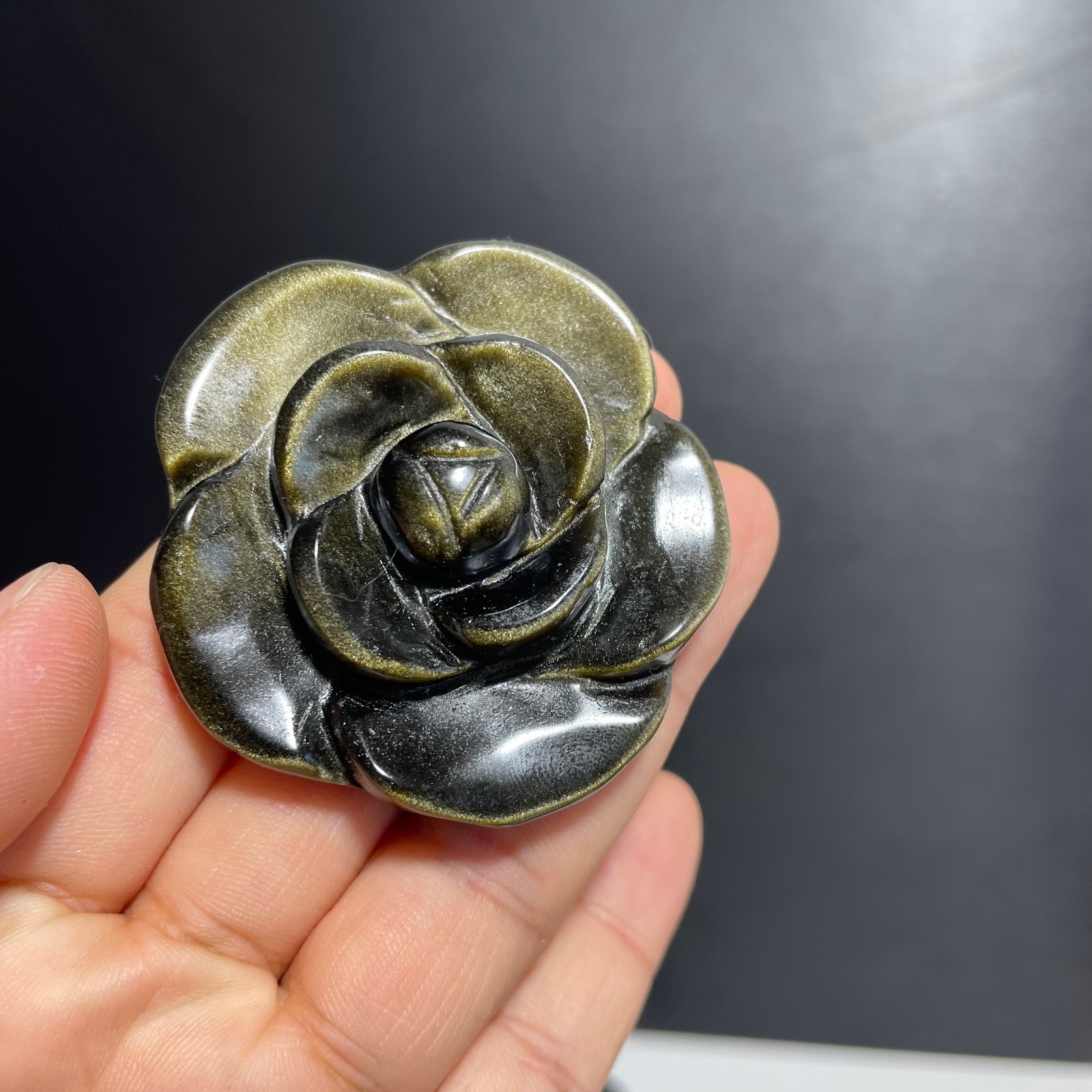 1PC Natural Golden Obsidia Quartz Carved Rose Flower Skull Crystal Reiki C1601